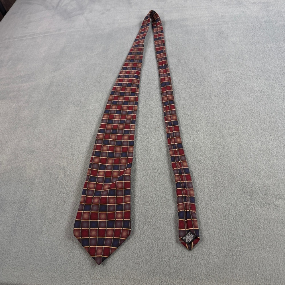Van Heusen Mens Silk Necktie Burgundy Navy Blue Tan Geometric Square Grid Tie